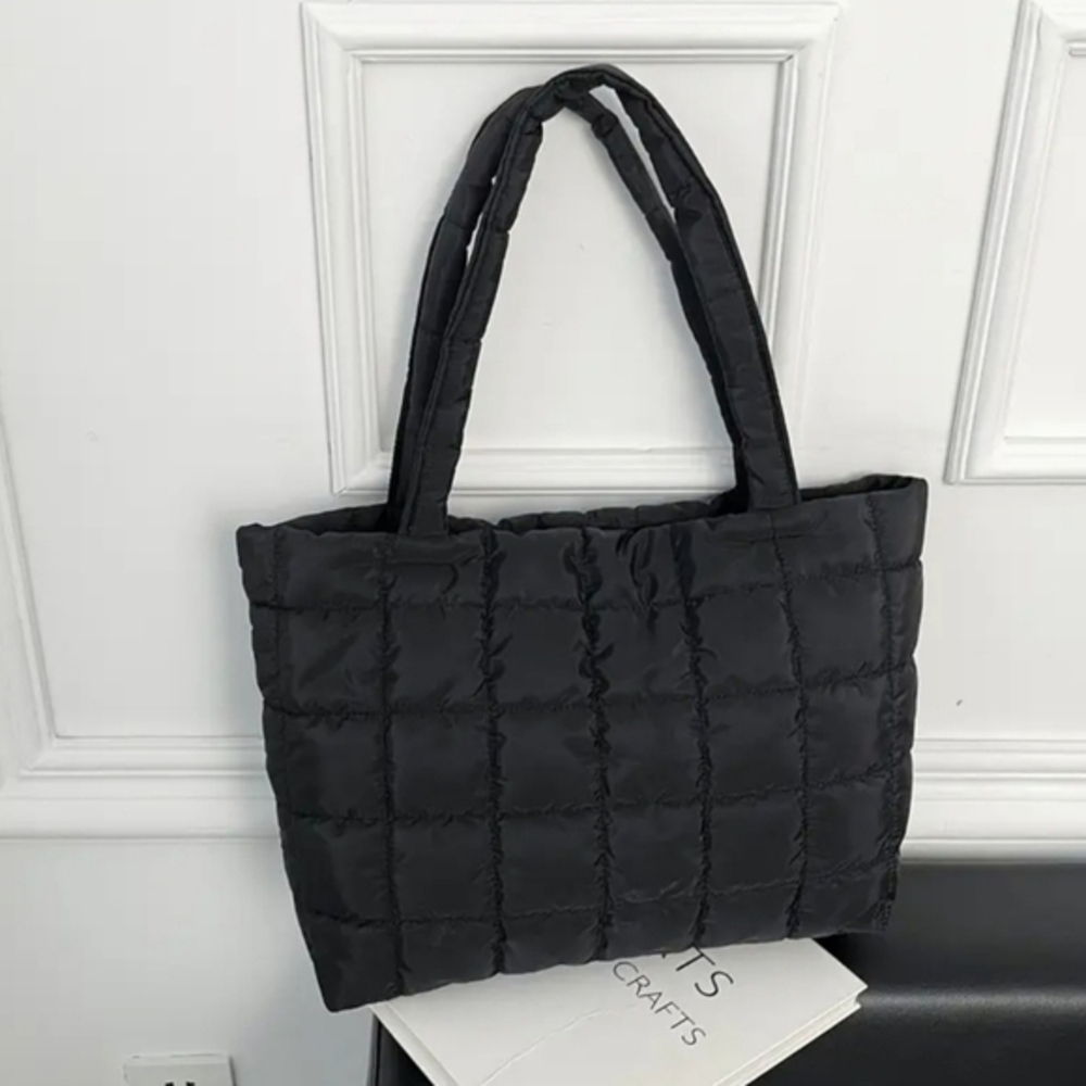 NEW Black Quilted Nylon Shoulder Zippered Tote Bag Accessories - Picture 3 of 4